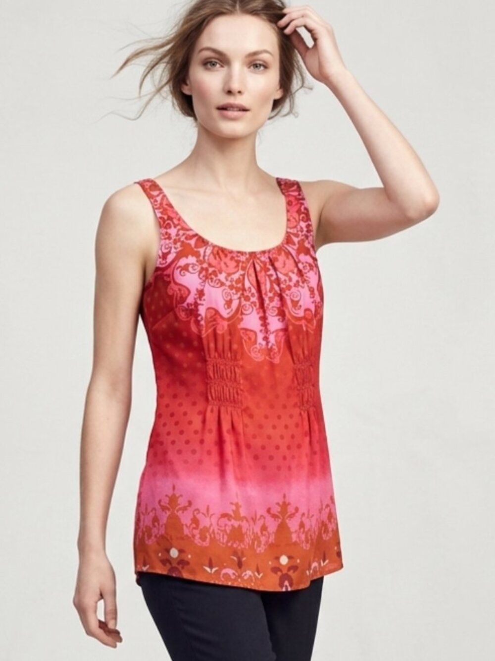 CABI 100% Silk Red & Pink Printed Scoop Neck Tank Top Sz XS